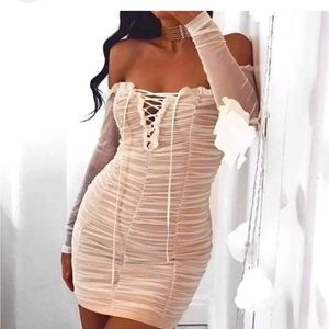Fashion Nova Off‎ Shoulder Maura Mesh Dress Size XS Ivory White Club night out